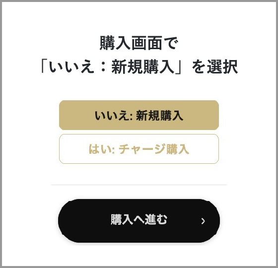 購入画面で「いいえ：新規購入」を選択